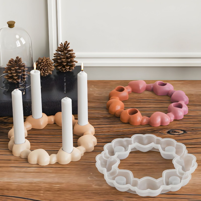 Candle Molds - แม่พิมพ์ซิลิโคนสำหรับทำเชิงเทียนแบบวงกลม 4 รู รูปหัวใจ DIY สำหรับทำเชิงเทียนคอนกรีตและเรซิน