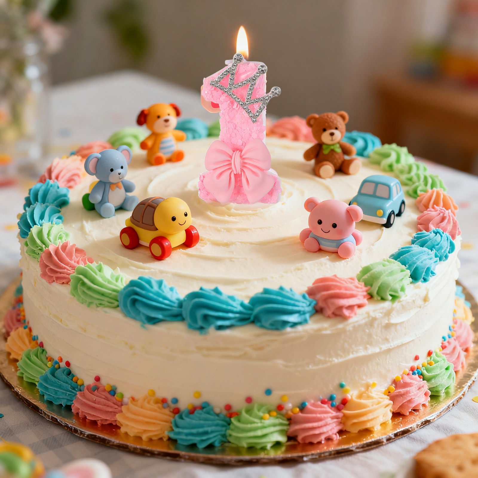 Soy Wax - ท็อปเปอร์เค้กมงกุฎโบว์สีชมพูสำหรับวันเกิดปีแรก – ป้ายติดคัพเค้กเลข 1 สำหรับตกแต่งงานวันเกิด